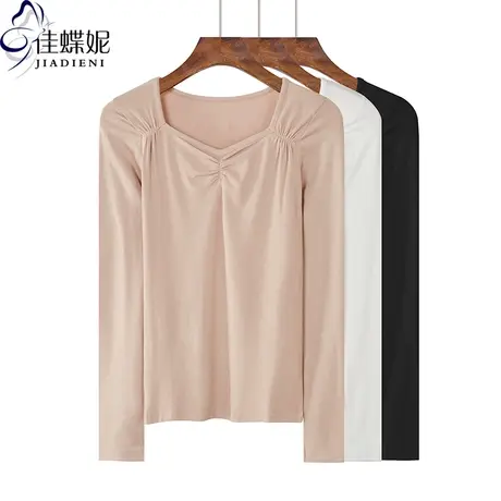 秋冬新款韩版方领修身纯棉纯色褶皱长袖体恤上衣内搭打底衫女装图片