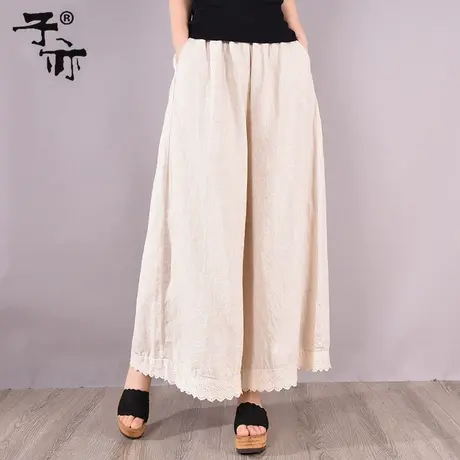 子亦夏季新品松紧腰九分阔腿裤棉麻文艺大码休闲亚麻直筒裤商品大图