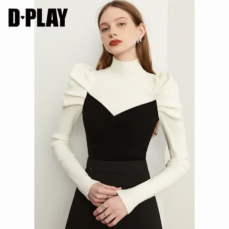 DPLAY秋装新黑白撞色半高领泡泡羊腿袖加厚针织打底衫上衣商品大图