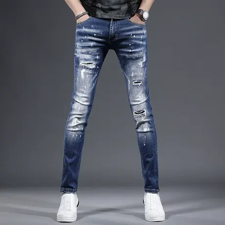 高端破洞牛仔裤男春夏季2023新款潮牌补丁修身小脚蓝色弹力裤子男商品大图