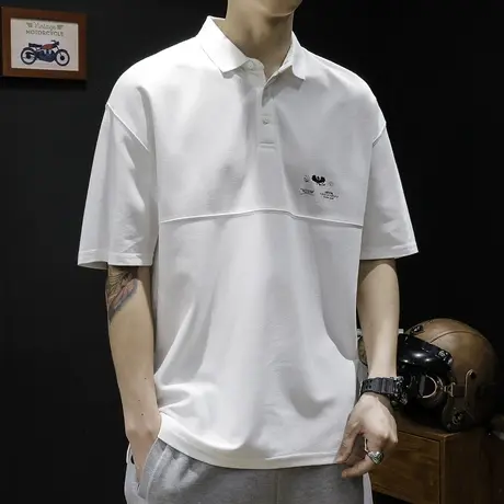polo衫男士短袖t恤夏季薄款拼接高级感宽松胖子大码翻领半袖潮牌商品大图