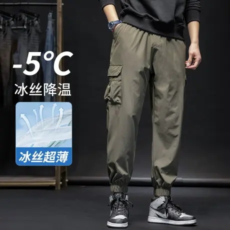 男裤夏季薄款宽松大码冰丝工装裤男士多口袋弹力速干运动休闲裤子商品大图