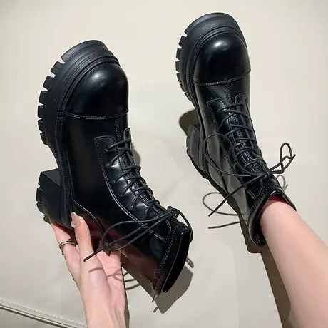 甜酷风法式小短靴女秋季粗跟配裙子2023新款英伦风复古显瘦马丁靴商品大图