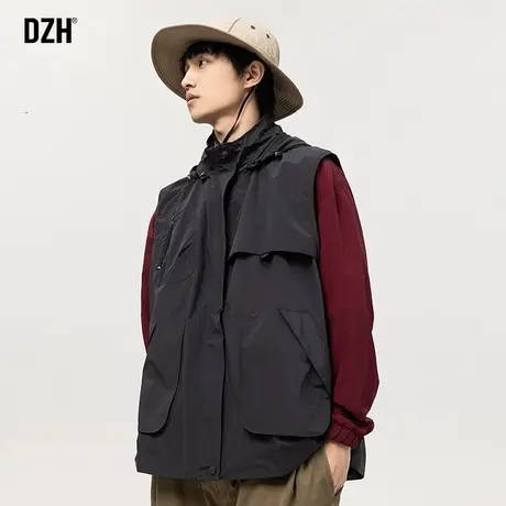 青少年黑色带帽马甲男春季2024新款工装坎肩外套运动背心男款马夹图片