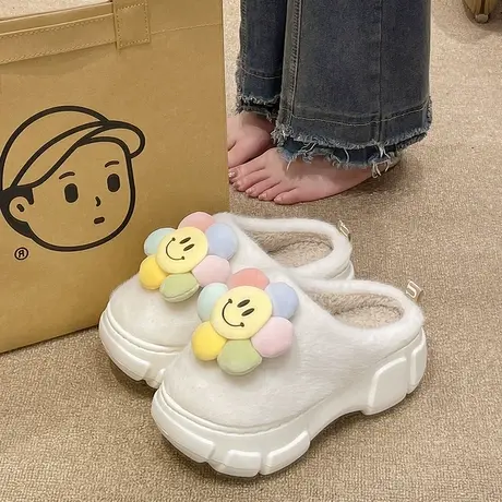 保暖拖鞋女冬季新款可爱花朵室内家居厚底增高防滑外穿毛绒棉拖鞋商品大图