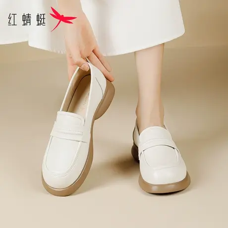 红蜻蜓英伦风乐福鞋女夏季2023新款黑色小皮鞋圆头平底一脚蹬单鞋商品大图