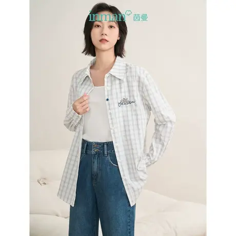【商场同款】茵曼2023春女装新款休闲格纹手勾花纯棉修身显瘦衬衣商品大图