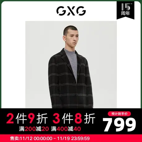 GXG男装 商场同款极简系列黑色格子时尚长大衣 2022年冬季新品商品大图