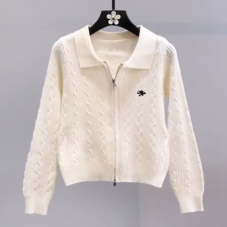 拉链polo领麻花毛衣外套女秋冬2023新款高级感长袖短款针织开衫商品大图