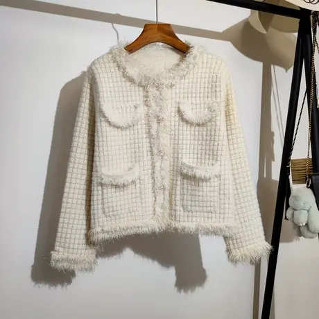 小香风毛衣外套开衫女秋冬新款宽松圆领仿水貂绒名媛气质针织上衣图片