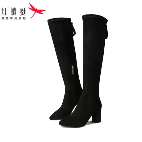 红蜻蜓女鞋女靴秋冬新款过膝长靴瘦腿弹力粗跟高筒时尚百搭潮流靴图片