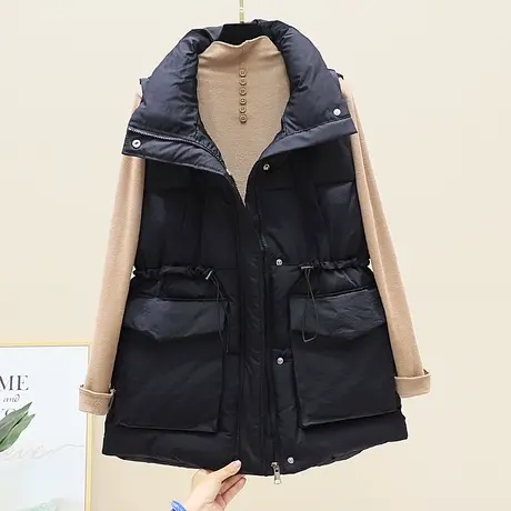 欧洲站立领抽绳收腰中长款羽绒棉马甲女2023冬新宽松百搭工装坎肩图片