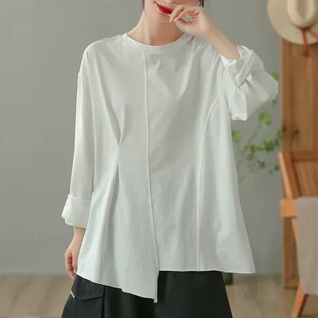 dza 复古棉质白色长袖上衣女士秋季不规则t恤宽松显瘦圆领打底衫商品大图