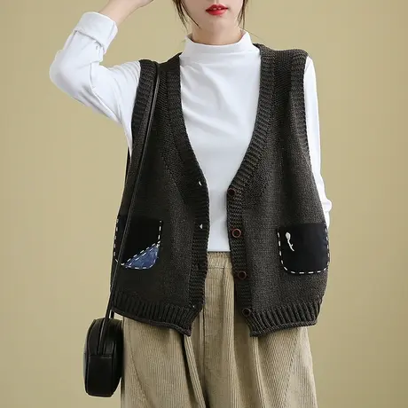 dza文艺复古大V领针织马甲女士背心外套宽松显瘦新款秋款毛衣坎肩图片