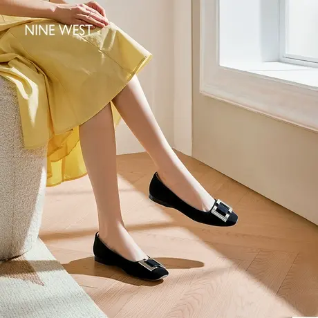 Nine West/玖熙平底黑色单鞋女2025夏季新款女士方头真皮一脚蹬商品大图