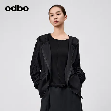 odbo/欧迪比欧时尚气质印花抽褶黑色短外套女夏季薄款宽松防晒服商品大图