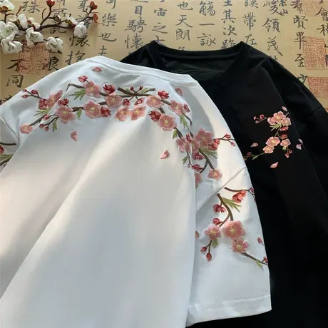 短袖T恤男夏季新款梅花刺绣潮牌纯棉半袖港风宽松男生上衣体恤衫商品大图