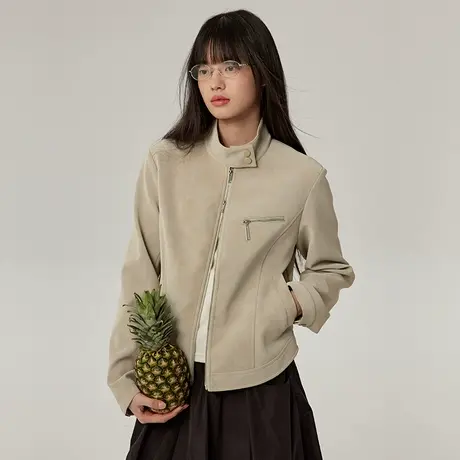 omont蛋挞家 复古麂皮立领机车外套2025春季休闲百搭拉链夹克皮衣图片