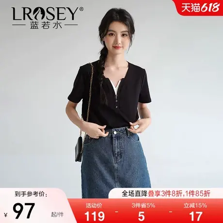 蓝若水大码女装撞色V领百搭短袖T恤胖mm夏季新品韩系chic别致上衣图片