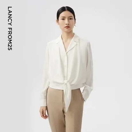LANCY/朗姿2024春季新款奶白色桑蚕丝通勤衬衫下摆打结系带高级感图片