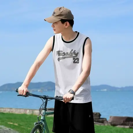 唐狮夏季新款男背心宽松坎肩无袖T恤休闲拼接撞色宽松上衣潮商品大图