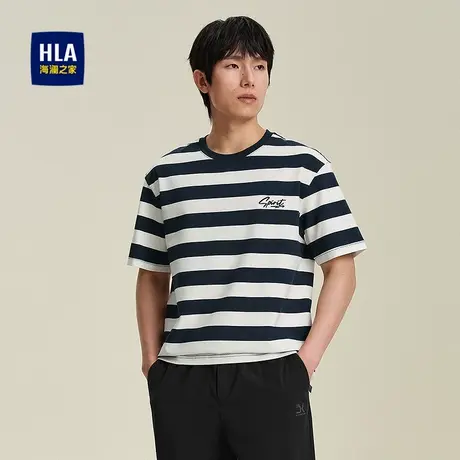 HLA/海澜之家微弹短袖T恤2025春夏新款圆领条纹字母绣花短t男商品大图