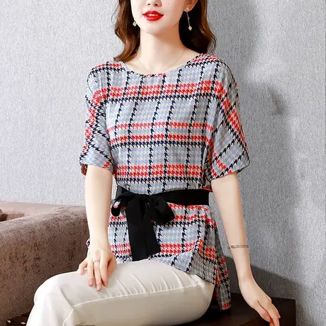 夏季短袖雪纺衫女2023新款气质独特收腰女上衣洋气遮肚子女士小衫商品大图