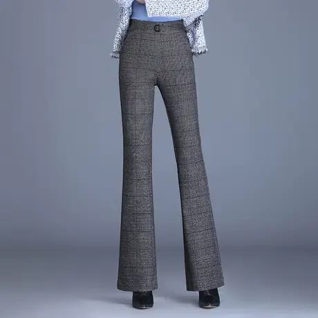 高腰格纹微喇裤毛呢裤子秋冬2023新款通勤气质长裤显瘦休闲喇叭裤商品大图