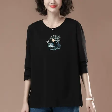 黑色t恤女长袖加肥加大码女装宽松中年妈妈秋装印花遮肚子打底衫商品大图