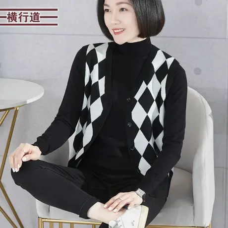 V领宽松格子毛衣马甲韩版显瘦妈妈大码外搭背心2023新款冬装女衣商品大图