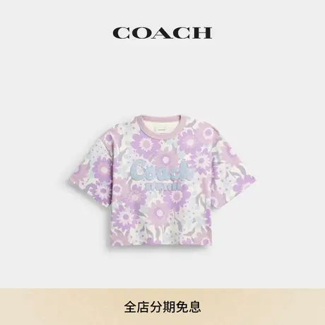 【新品】COACH/蔻驰女士棉质草书体COACH文字花卉图案短款T恤短袖图片