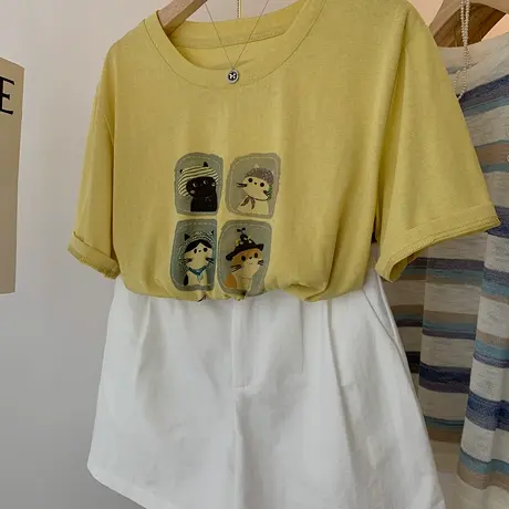 黄色宽松竹节棉卡通猫咪字母印花减龄短袖t恤衫女夏季薄款显瘦潮图片