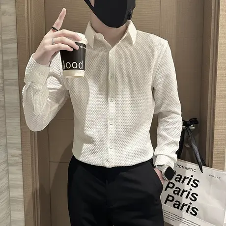 春秋季长袖衬衫男纯色简约高级感ins休闲华夫格2023小众个性衬衣商品大图