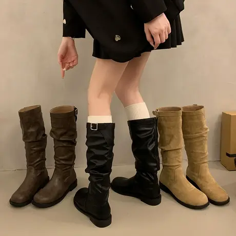 法式粗跟长筒靴女2025秋季新款时尚显瘦增高骑士靴气质通勤马丁靴商品大图