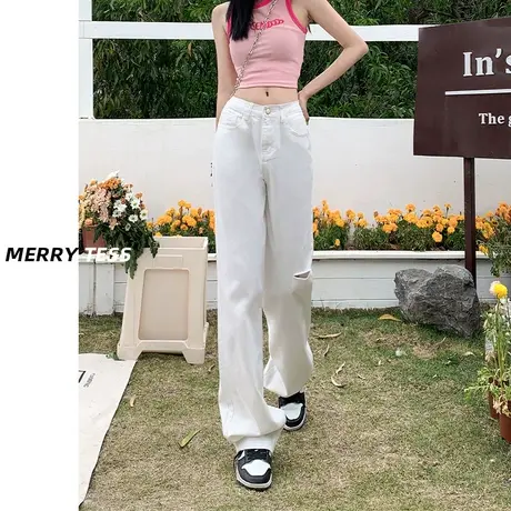 白色破洞直筒牛仔裤女2023年夏季新款设计感修身显瘦百搭阔腿裤子图片