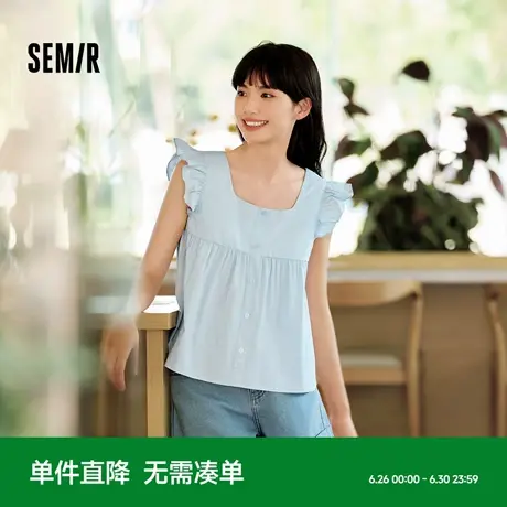 森马短袖衬衫女短款修身方领温柔2024夏季新款纯棉小飞袖衬衣可爱商品大图