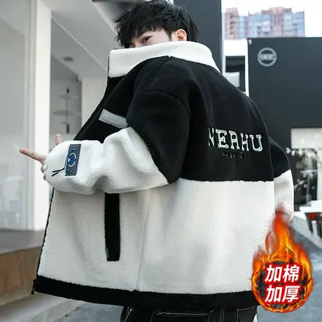 羊羔绒外套男士秋冬季潮牌拼色加棉加厚夹克男装青少年颗粒绒褂子商品大图