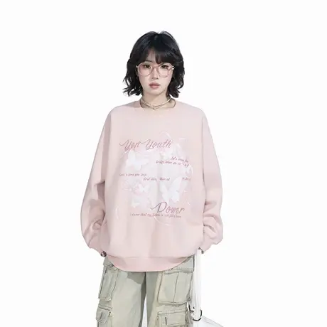 YEP潮牌插肩袖印花圆领卫衣女春季2025新款复古宽松套头无帽上衣商品大图