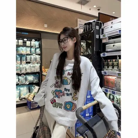 2025秋季新款甜美风宽松卡通印花宽松百搭加绒加厚卫衣长袖上衣女商品大图