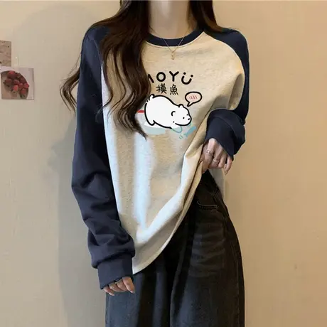 ins超火圆领长袖卫衣女春秋韩版宽松显瘦气质百搭洋气薄款上衣潮商品大图