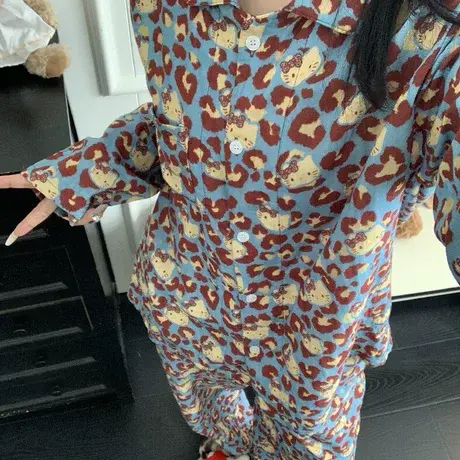 春秋新款咖豹Kittya类全棉双层纱布睡衣可爱卡通长袖长裤家居服商品大图