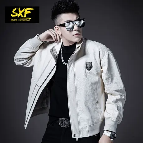 SXF圣希梵皮衣男外套 真皮夹棉短款工装徽章立领绵羊皮男士皮夹克商品大图