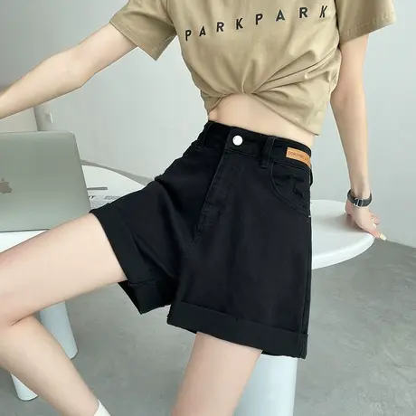 黑色牛仔短裤女高腰2023年夏季薄款宽松显瘦遮肉a字卷边阔腿热裤商品大图