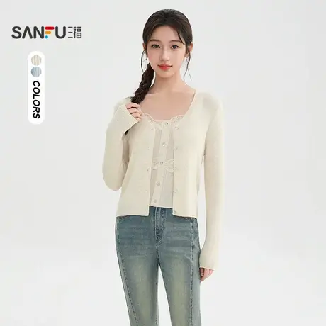 三福开衫毛衣2025秋季蕾丝拼接吊带长袖两件套上衣女装511136商品大图