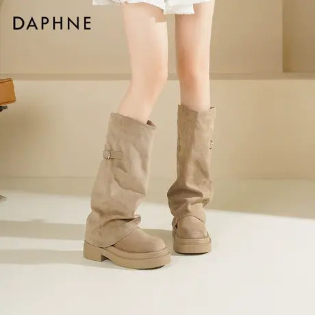 达芙妮厚底长筒靴女2026新款秋冬美拉德靴子西部牛仔靴棕色裤管靴商品大图
