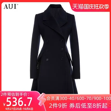 AUI黑色中款小个子毛呢外套女2023冬季新款修身职业西装呢子大衣商品大图