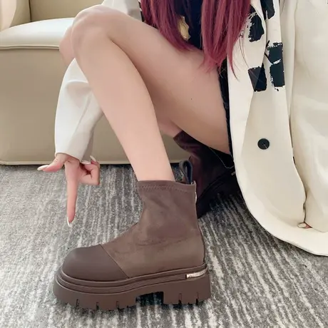 复古方跟短靴2023年夏季新款松糕厚底英伦风马丁靴女小个子瘦瘦靴商品大图