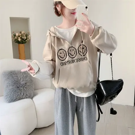 设计感半拉链连帽加绒卫衣女2023秋冬新款小个子时尚洋气爆款上衣商品大图