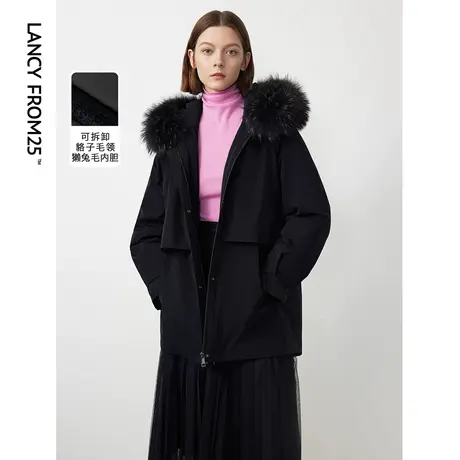 朗姿貉子毛领高端黑色派克服女2023年冬季新款外套獭兔毛内胆皮草图片