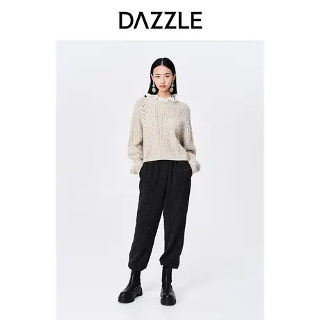 【七七酱专享】DAZZLE地素奥莱秋通勤深灰松紧腰粗花呢宽松束脚裤商品大图
